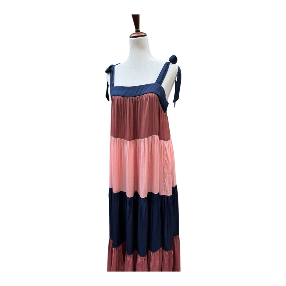 FRNCH Paris Tiered Maxi Dress M Tie Strap Colorblock Boho Viscose Summer Beach - Picture 6 of 14